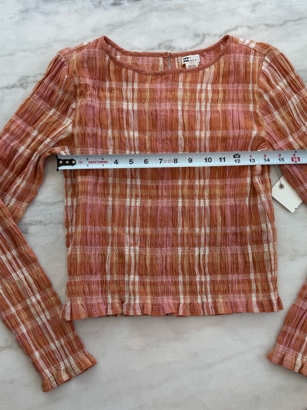 Billabong NWT Check Me Out Long Sleeve Smocked Crop Top Sunburnt Women Size M - Picture 7 of 15